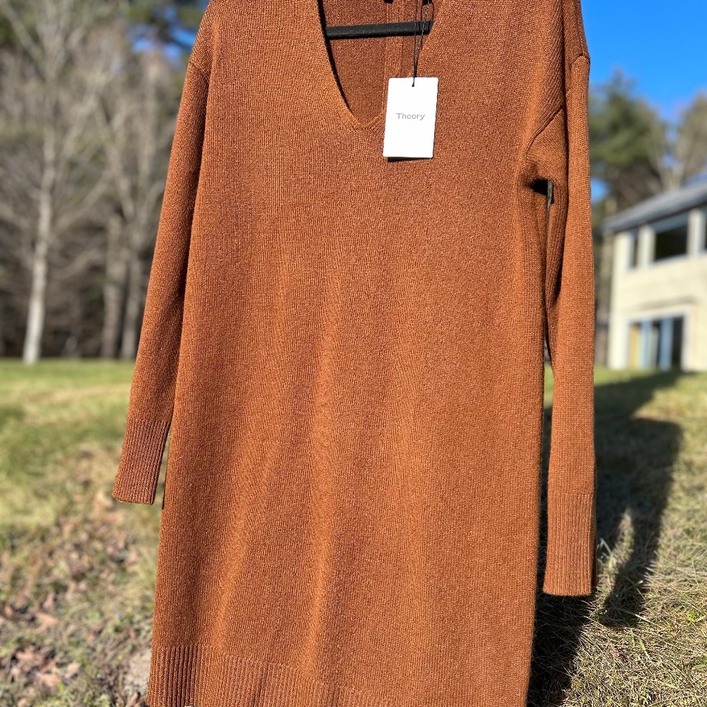 Theory Soft Cashmere V Neck Sweater Dress, Size L, Color-Syrup